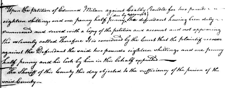 Edmund Milam vs Coalby Randle 2 OCT 1770